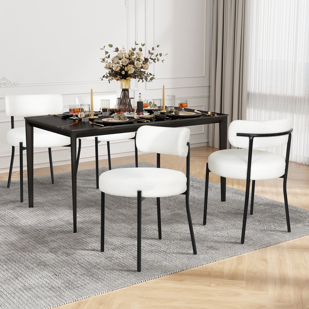Puluomis Eetkamerstoelen - Set van 4 - Teddy Fleece - Lamsvacht - Metalen poten - Stoelen