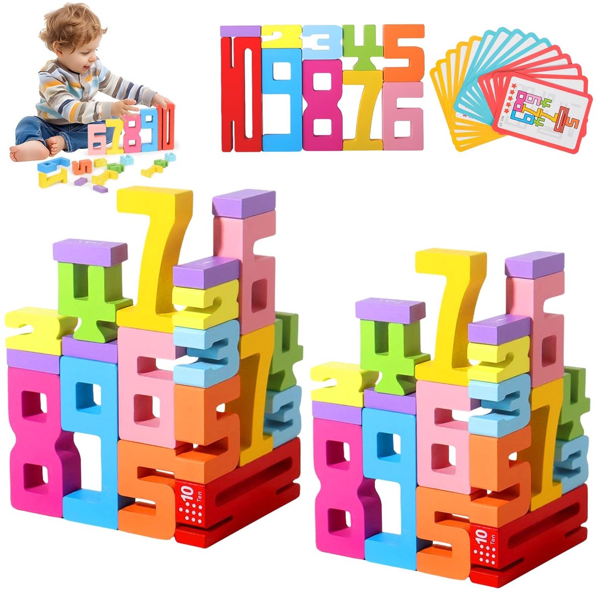 Dailygoods- Cijferblokken 20 Stuks - Houten Bouwstenen - Educatief Speelgoed - Stapelspeelgoed - Cijferpuzzels - 3D Digitale Puzzel - Bouwblokken