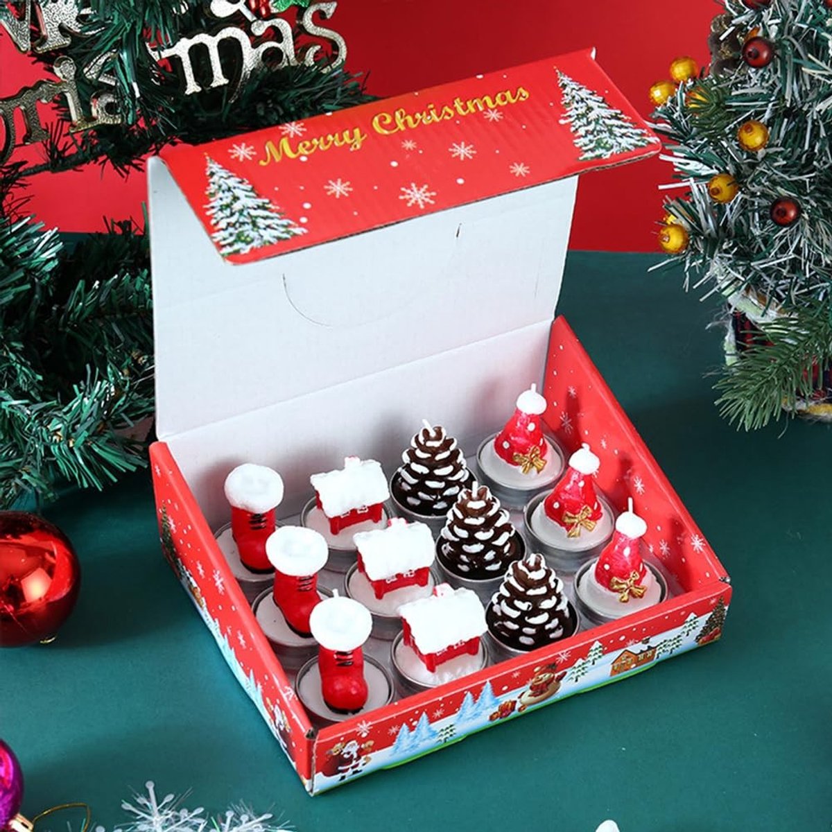 Dailygoods- Kerstkaarsen Set 12 Stuks - Decoratie - Theelichtjes - Cadeaus voor Vrouwen - Kerstmis - Veiligheidswaarschuwing