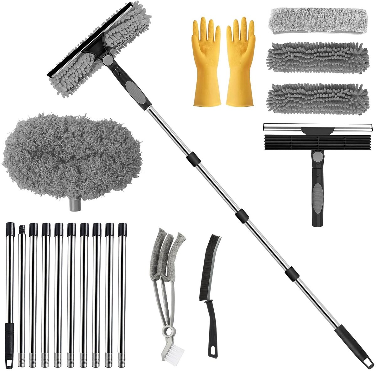 Dailygoods- Raamreinigingsset 4,3 m - Raamwisser met rubberen trekker - Microvezeldoek - Verlengstangen - Voegborstels - Roestvrij staal