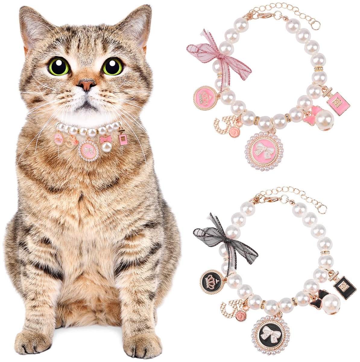 Dailygoods- Parel Kraag - Verstelbare Halsband - 2 Stuks - Elegant Ontwerp - Voor Katten/Kleine Honden - Duurzaam Materiaal