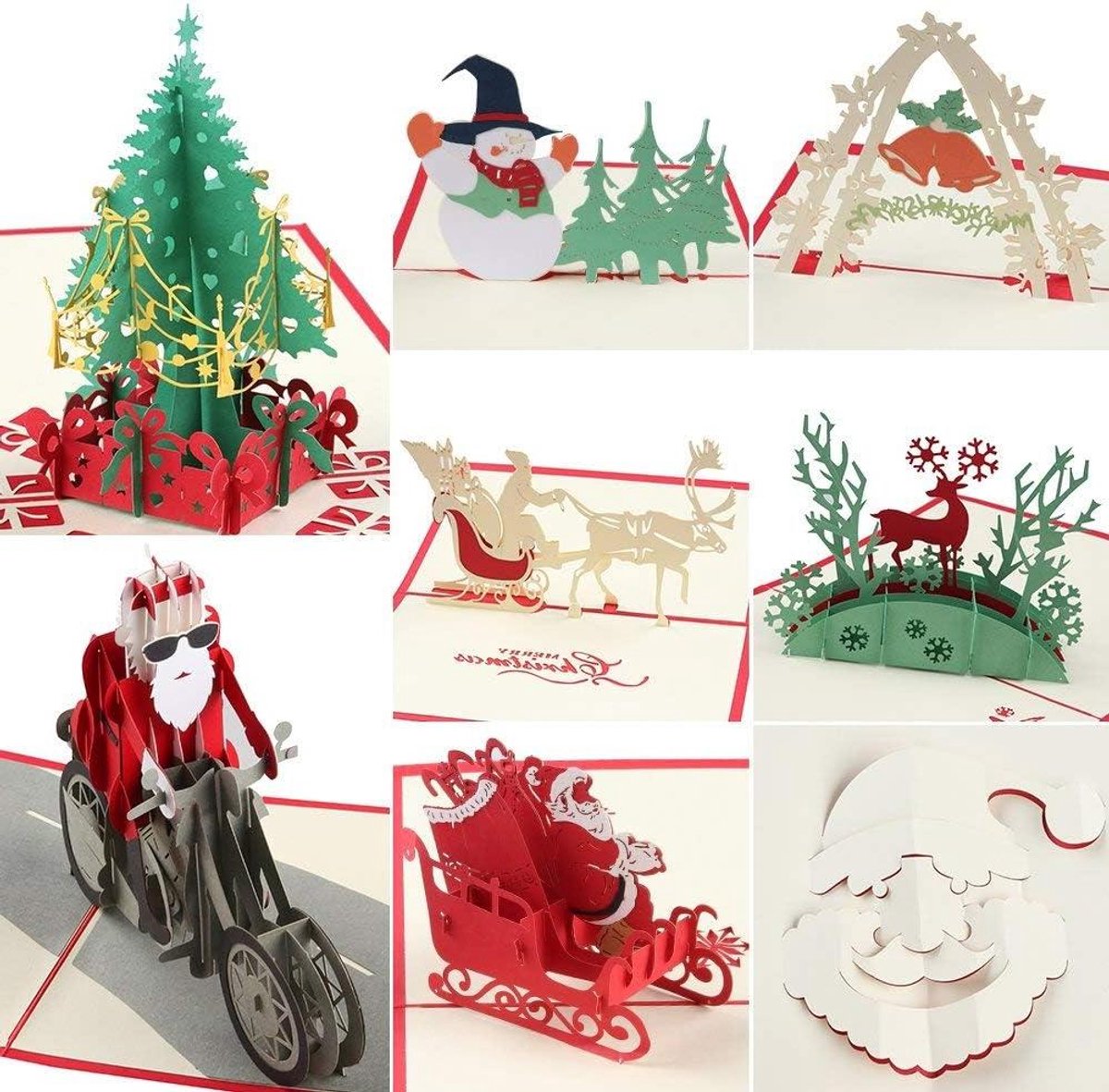 Kerstkaarten Set - 3D Pop-up kaarten - Feestelijke Groeten - Handgemaakt Papierwerk - 8 Stuks - Rood en Groen