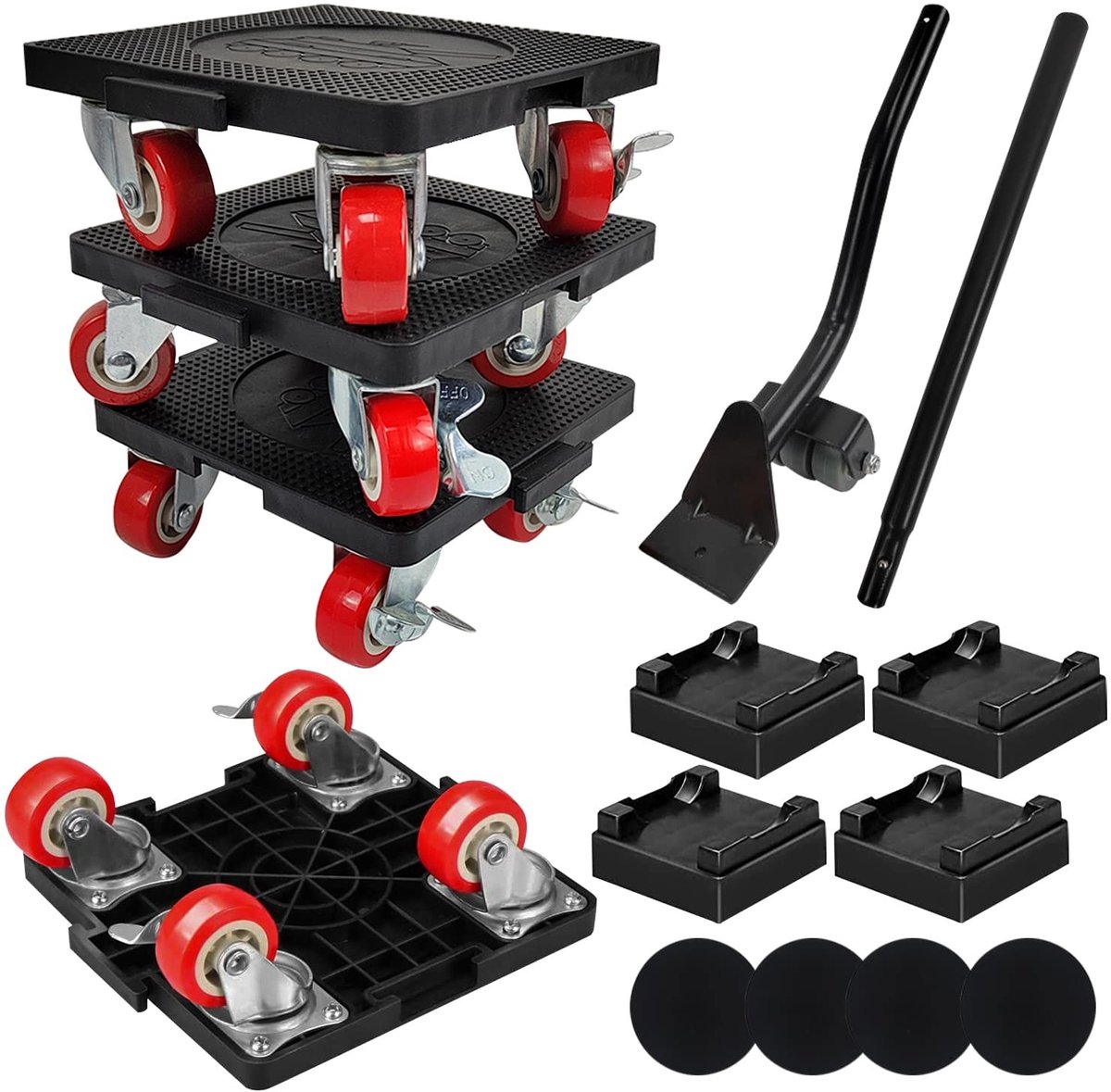Dailygoods- Meubeltransportwielenset 7-delig - 360° Draaibare Wielen - Meubellifter - Remwieltjes - Maximale Draagkracht 600 kg - Zwart - Meubelroller