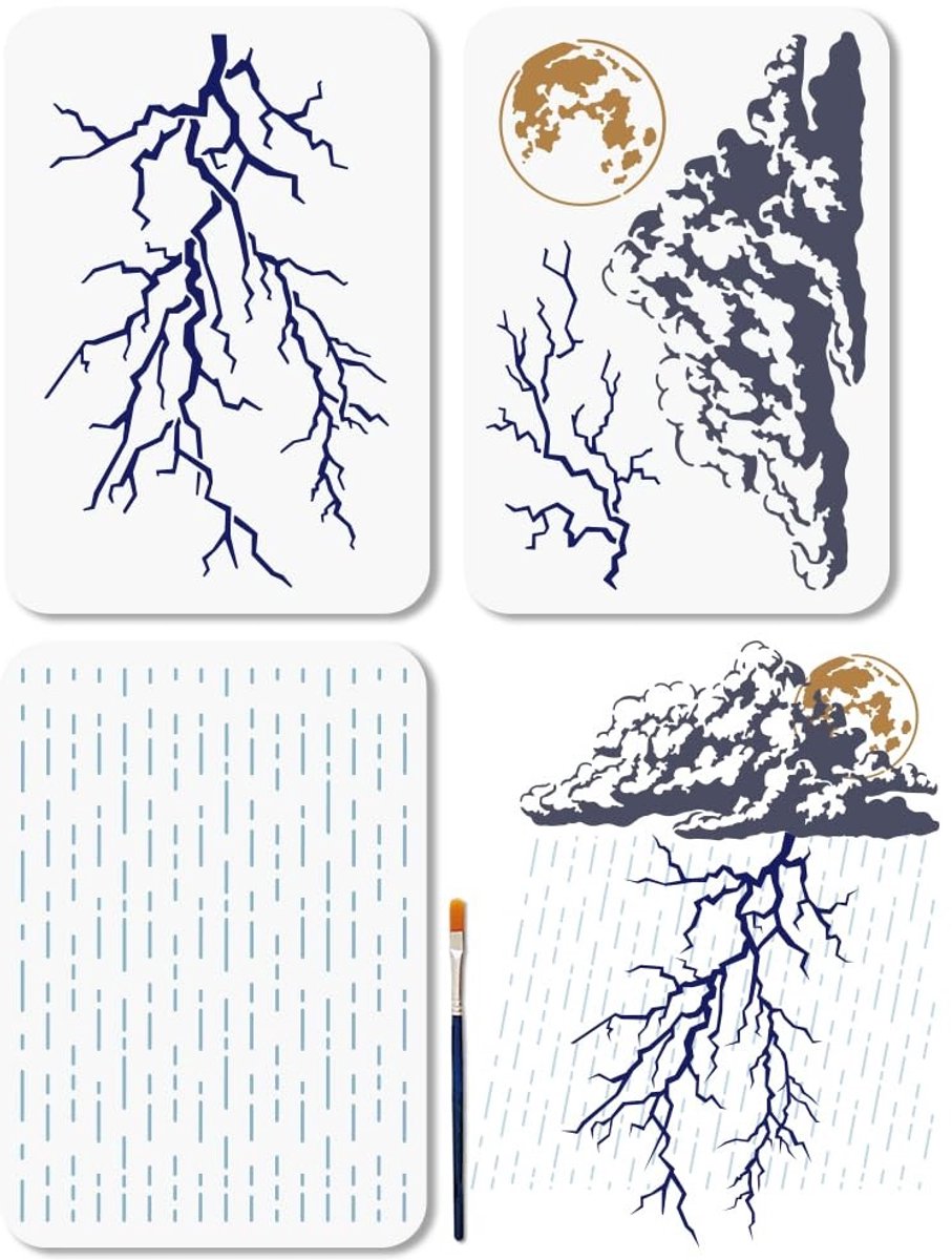 Dailygoods- Bliksemsjabloon 3 Stuks - Gelaagde Weersjablonen - Schilderen - Kunststof - 21 × 29,7 cm - Inclusief Penseel - Schilderstencil