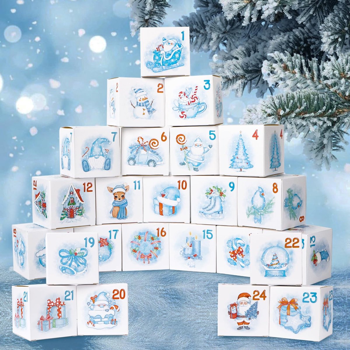 Dailygoods- Adventskalender 2025 - 24 Stuks - Geschenkdose - Snoepdozen - Kerstdecoratie - Papier - 7x7x7 cm - Kerstdozen