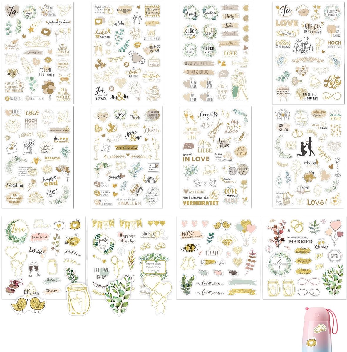 Dailygoods- Stickers Vintage - 12 Vellen Decoratieve Bruiloft Stickers - Scrapbook Accessoires - Waterdicht - Retro Boho Stijl - Voor Gastenboek en Cadeauversiering - Decoratiestickers
