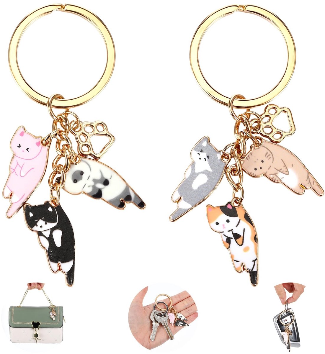 Dailygoods- Kattensleutelhanger 2 stuks - Schattige Sleutelhanger - Kawaii Kitty - Hoogwaardig Metaal - Duurzaam - 8,3 x 3 cm