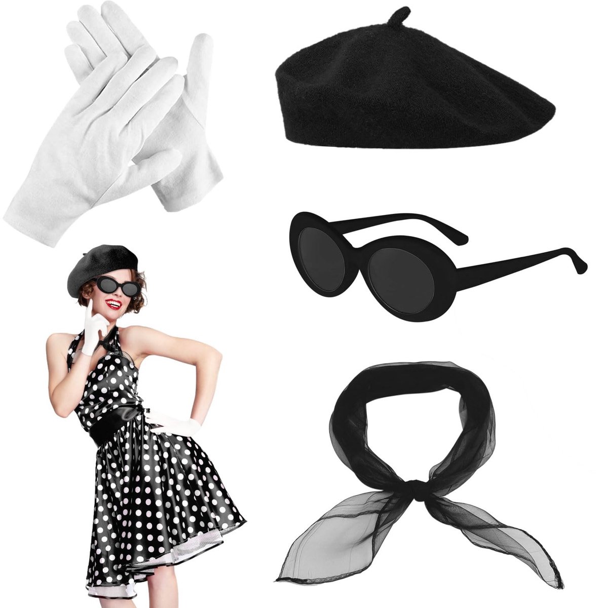 Dailygoods- Kostuumaccessoires Set - Baret - Zonnebril - Sjaal - Handschoenen - Retro Jaren 50 Accessoires
