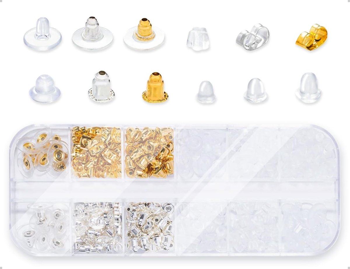 Dailygoods- Oorbelsluitingen 360 stuks - Transparante kunststof - Achterkantjes - Oorbelsluitingen met vlinders - Opbergdoos - 12 stijlen - Oorbelstoppers