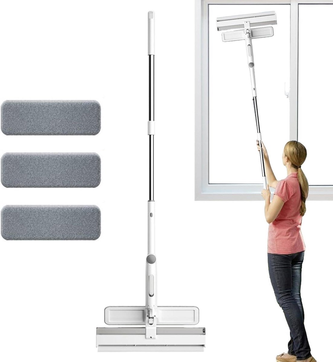 Glazen Schraper - Raamreiniger Glasreiniger - Ramen Zemen - Geïntegreerde Waterfles - 96-130 cm - Wit