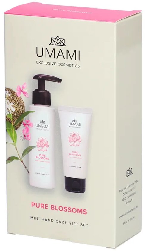 Umami Pure Blossoms mini handverzorgingsset met flesje handzeep en tube handcrème.