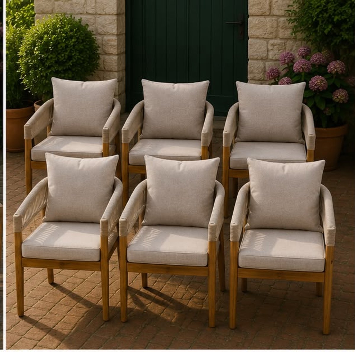 Tuinstoelen Set van 6 59x58x76,5 cm – Acaciahouten Balkonstoelen met Rope Design en Dikke Kussens – Weerbestendige Lounge Stoelen voor Tuin, Terras, Balkon, Eethoek en Serre – Greige – Mobili Bella – foto 3
