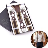 Sorprese - Luxe Chique Bretels - Espresso Bruin Visgraat - Donkerbruin Leer - 6 Stevige Clips - Bretels Heren Volwassenen - Inclusief Cadeaudoos