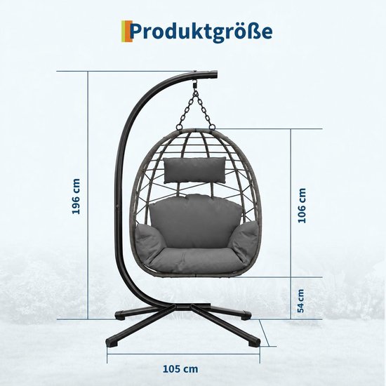 HOERFURIY Hangstoel Buiten met Standaard Metalen, tot 150 kg–Opvouwbare Hangstoelen Egg Hangstoel–Incl. Dikker Zitkussen en Regenhoes–Tuinmeubelen voor de Tuin, Terras en de Slaapkamer, 105 × 105 × 196 cm– Grijs