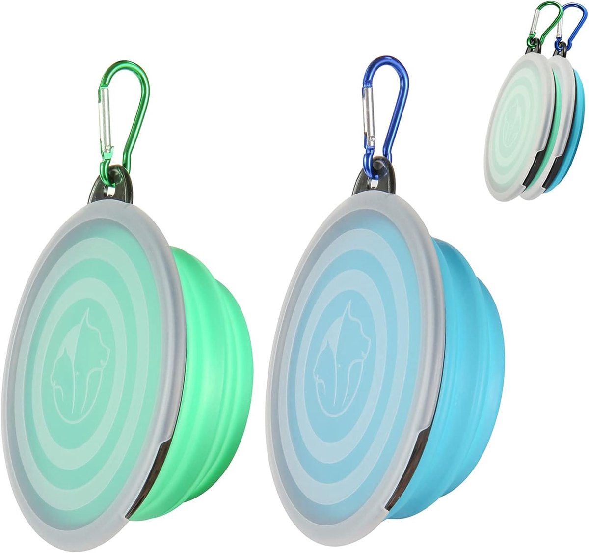 OLOEY Opvouwbare voerbakjes met deksel-Set van 2 draagbare reisbakjes voor katten en honden-Opvouwbare waterbakjes voor huisdieren-perfect voor wandelingen-parkbezoekjes en kamperen (lichtblauw en groen-klein)