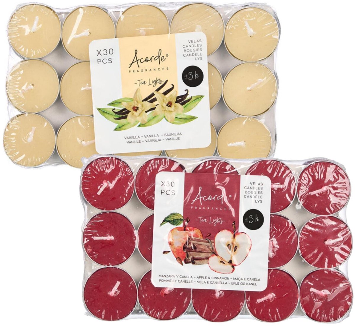 Atmosphera Acorde theelichtjes - 60x - 30x vanille - 30x appel/kaneel - aroma/geurkaarsen Creme
