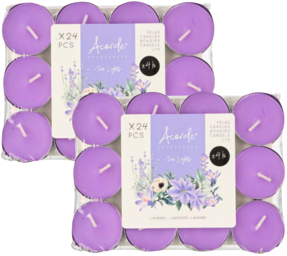 Acorde theelichtjes - lavendel geur - 48x - paars - waxinelichtjes/geurkaarsen - 4 branduren Lavender paars