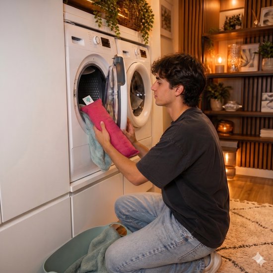 Een man plaatst een rood kersenpitkussen in een wasmachine.