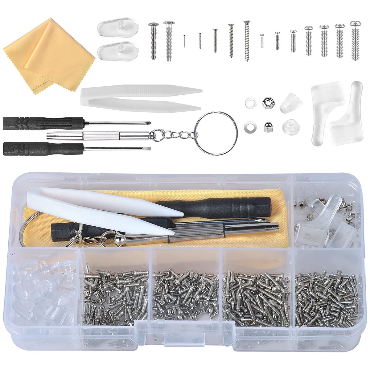 Dailygoods- Reparatieset 500 roestvrijstalen schroeven - Neusbeschermers - Pincet - Schoonmaakdoek - Multifunctionele schroevendraaier - Voor brillen en horloges - Brillenreparatieset