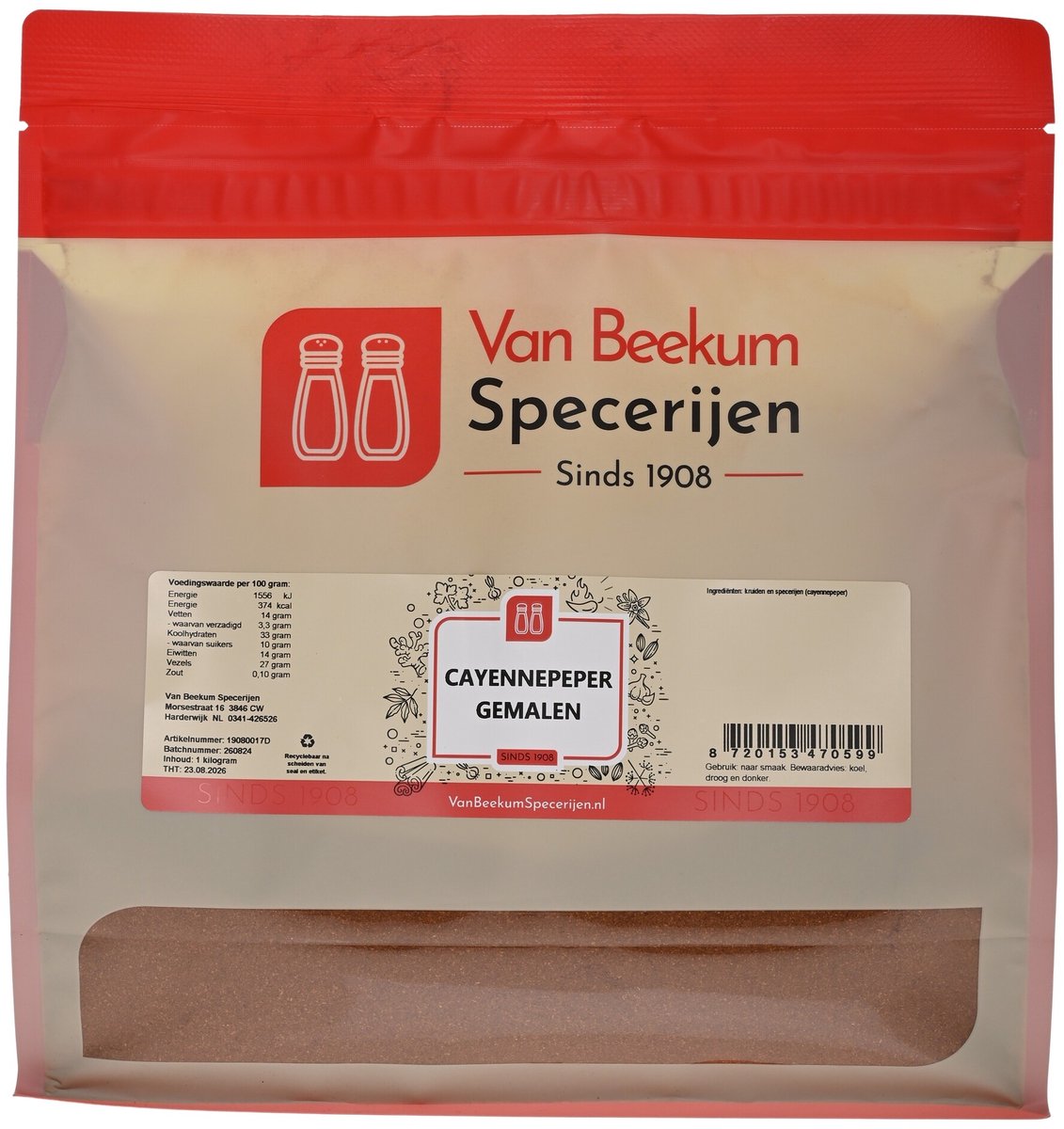 Van Beekum Specerijen - Cayennepeper Gemalen - 1 KG (hersluitbare stazak)