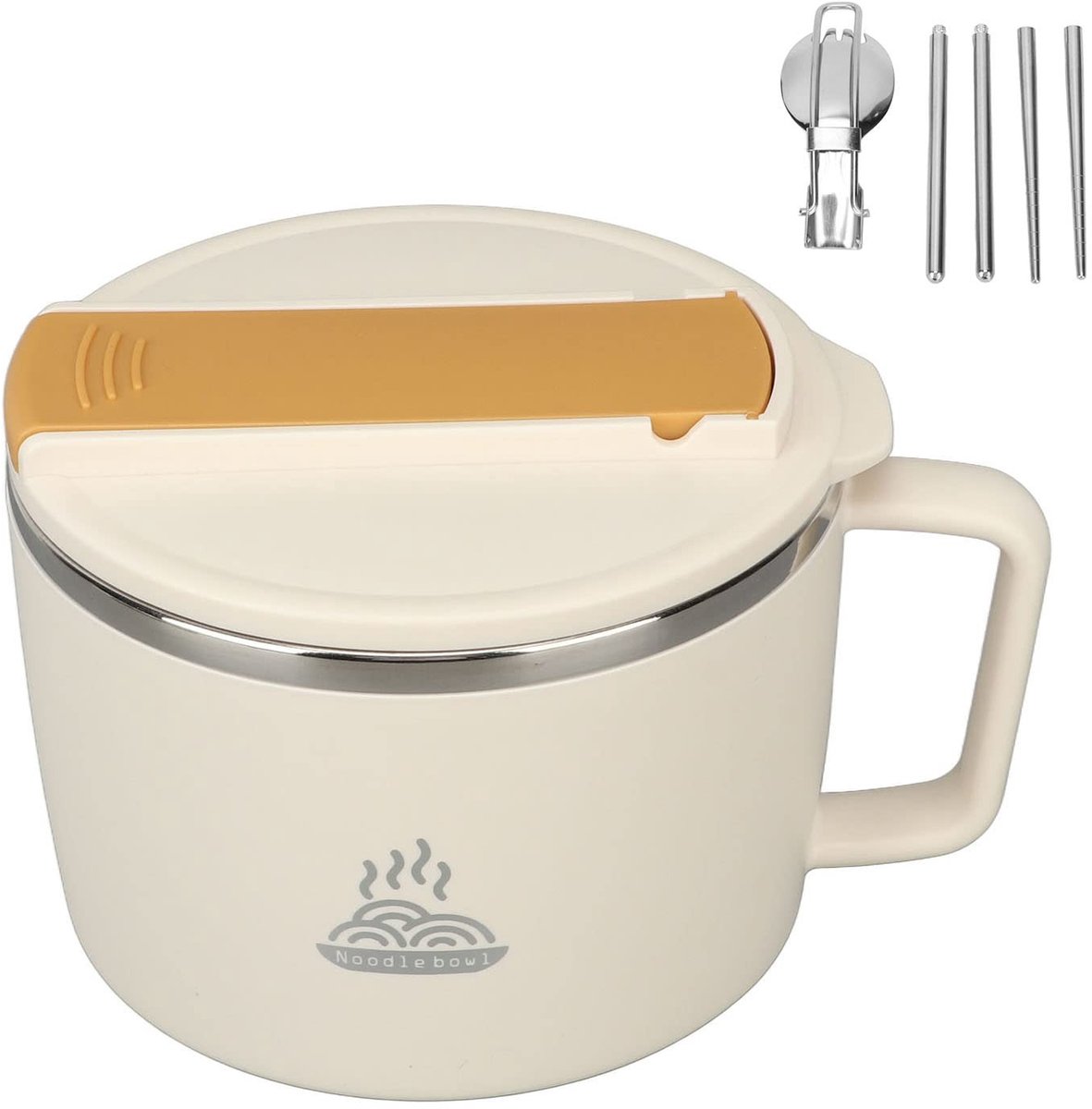 Dailygoods- Noedelkom 1200ml - Magnetron Kom - Draagbare Soepkom - Spork/Eetstokjes - Roestvrij Staal - Warmte-isolerend Handvat - Pastakom