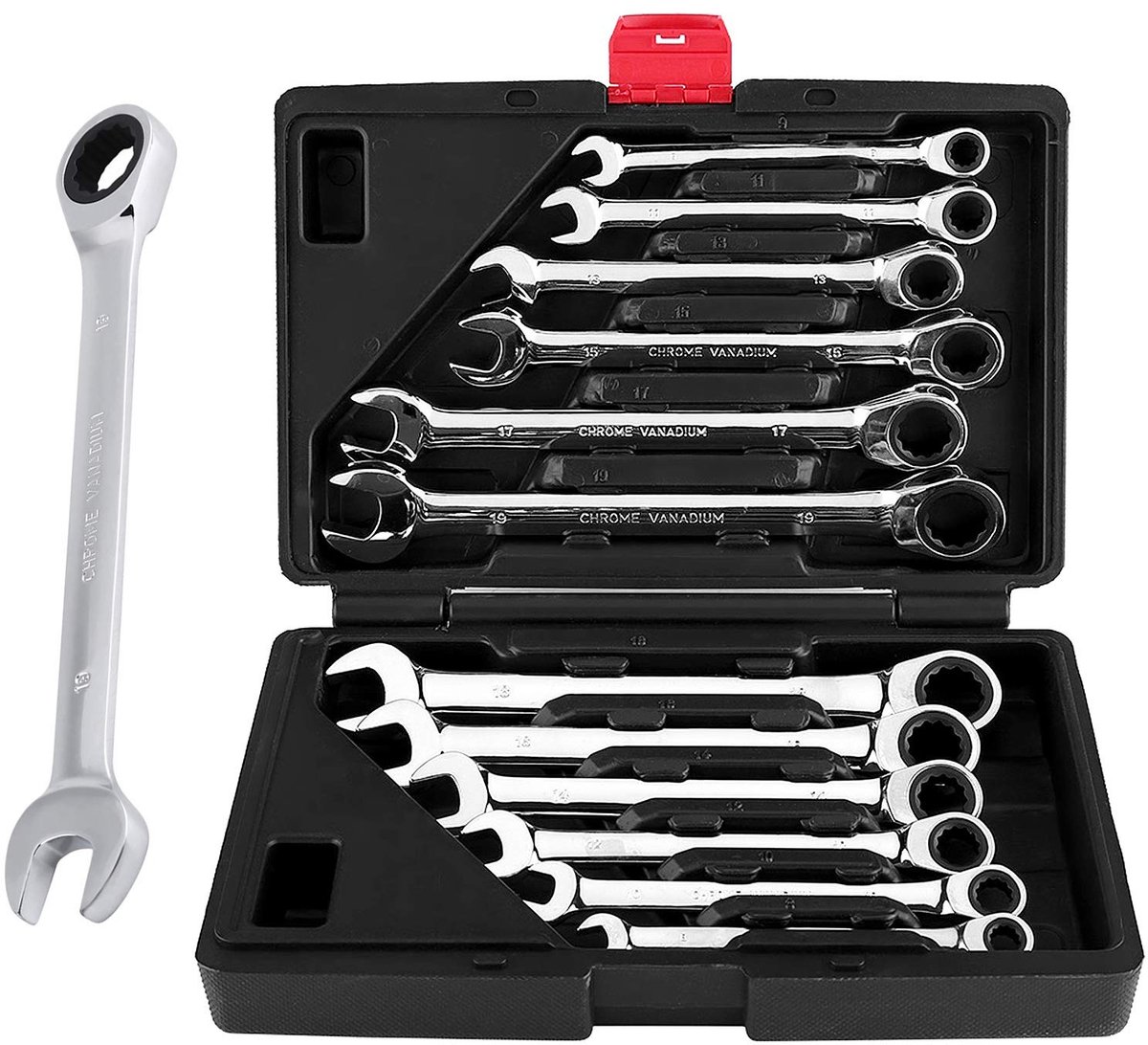 Dailygoods- Ratelsleutelset 12-delig - Chrome Vanadium Staal - Opbergtas - Anticorrosie - Verstelbare Hoofd - Lichtgewicht en Duurzaam - Steeksleutelset