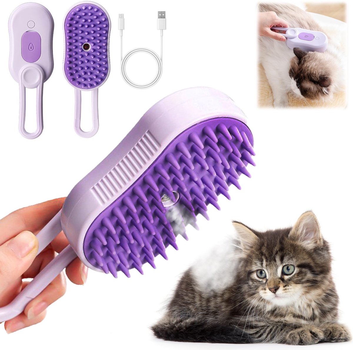 carmdering - 3-In-1 Stoomborstel - Dierenborstel Met Stoomfunctie - Grooming Tool Voor Katten En Honden - Verwijdert Losse Haren En Pluimen - Hoogwaardig Kunststof Met Ronde Metalen Punten - Huidvriendelijk Ontwerp Zonder Scherpe Randen