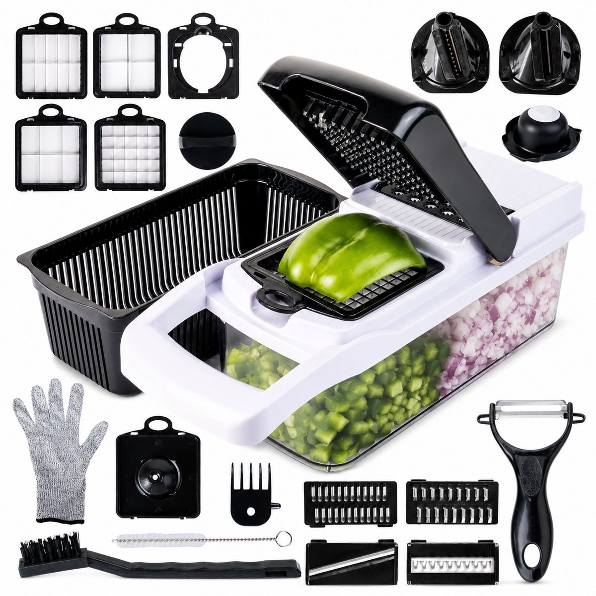 Chef Rebel® - Groentesnijder Multifunctioneel - 23-delige mandoline - Opvangbak - Uiensnijder - Groete & Fruit Snijder- Eierdooier Scheider - Julienne & Brunoise Snijder - Rasp - Spiraalsnijder - Frietsnijder - BPA Vrij
