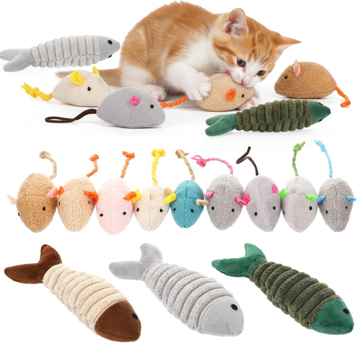 DOWO Kattenspeelgoed - Catnip Kattenspeelgoed - Kattenspeeltjes met Kattenkruid - Katten Speelgoed Muis en Vis - Kat Speelgoed Pluche Set - 12 Stuks