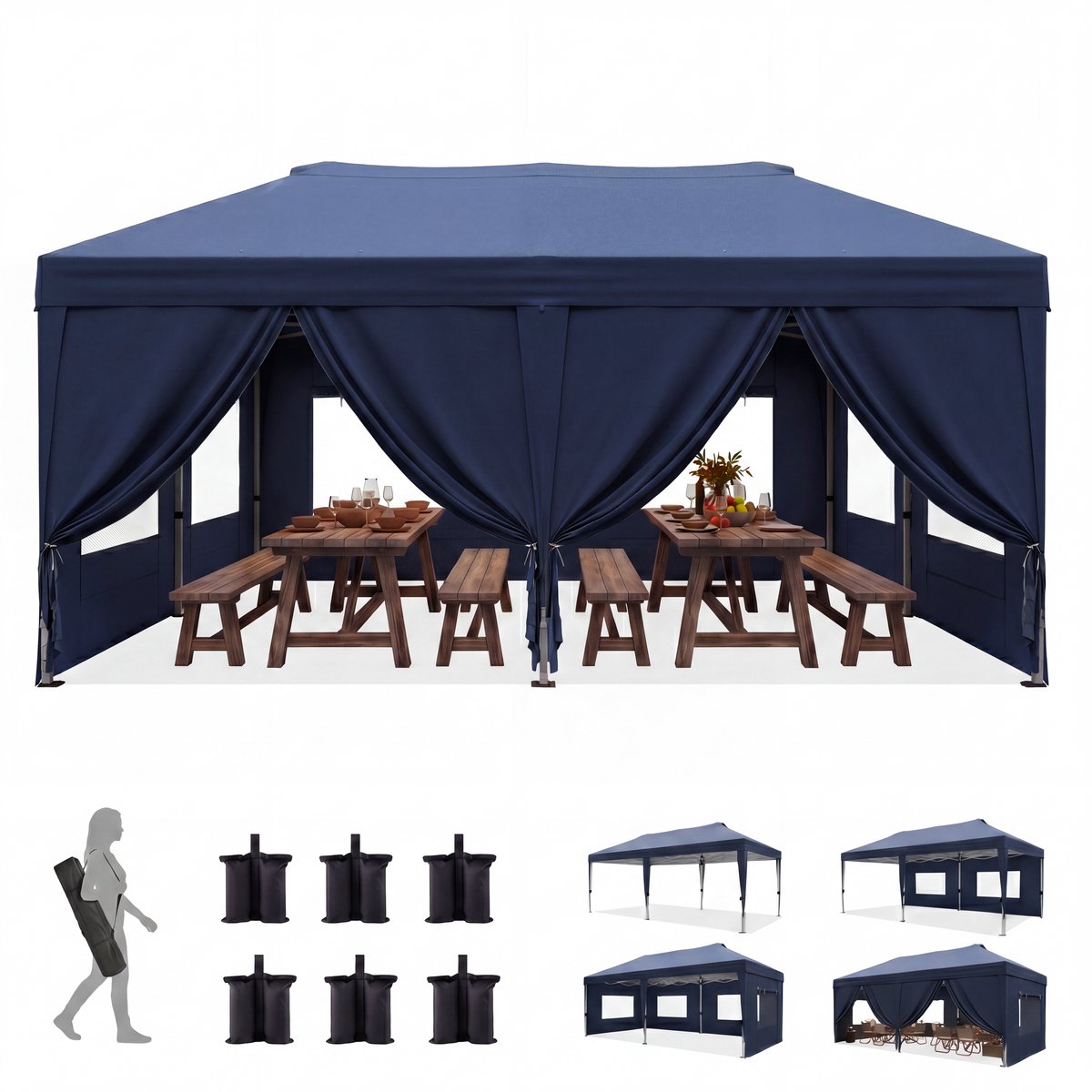 Quictent Vouwbare Partytent 3x6m – Partytent met centrale vergrendeling, 8 zijwanden – Blauw