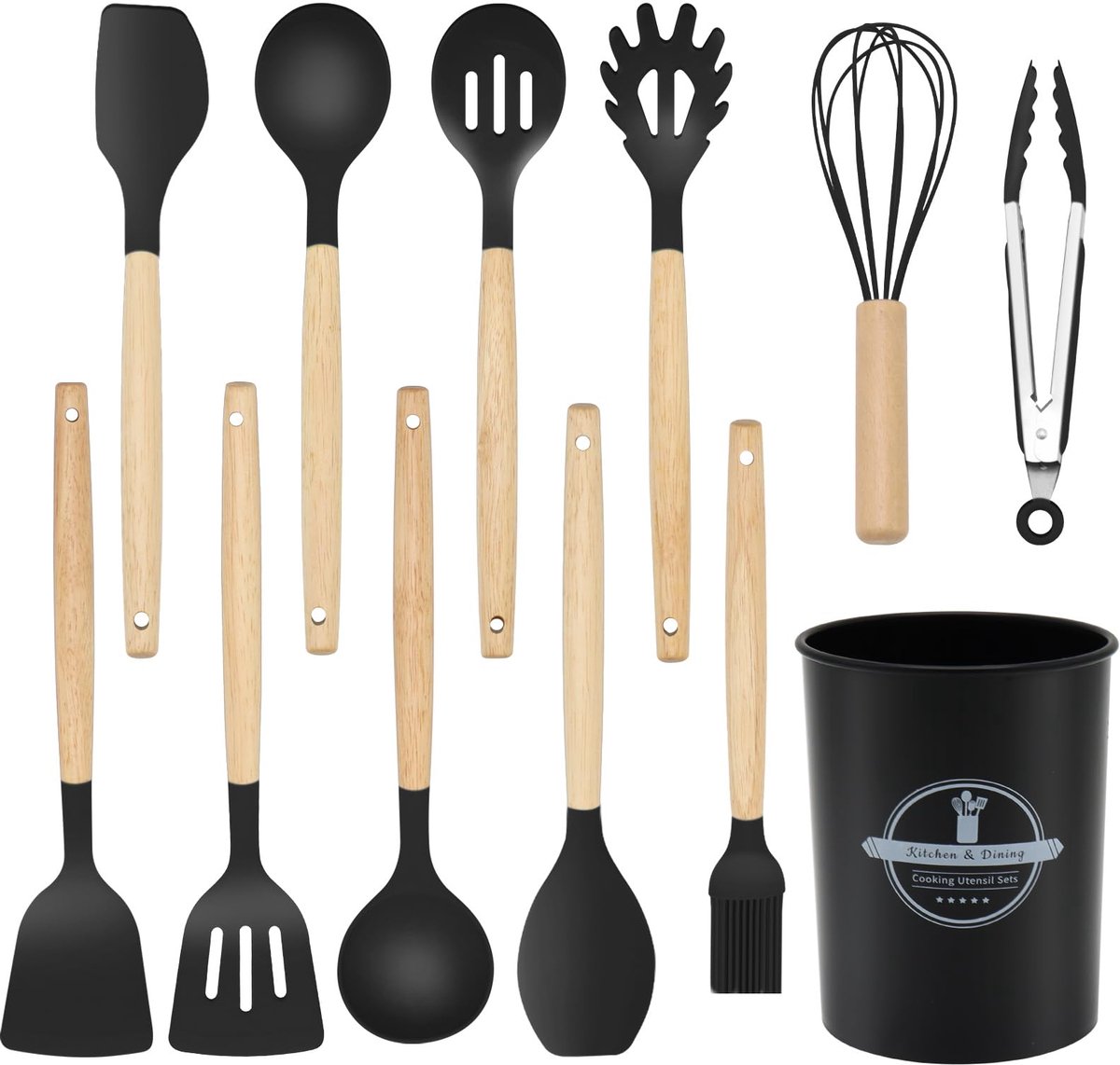12-delige Siliconen Keukengerei Set met Houten Handvat - Anti-aanbak & Hittebestendig Kookgerei (230°C) - Inclusief Spatel, Lepel, Keerspatel, Tang, Garde - Geweldig voor Thuiskoks - Zwart