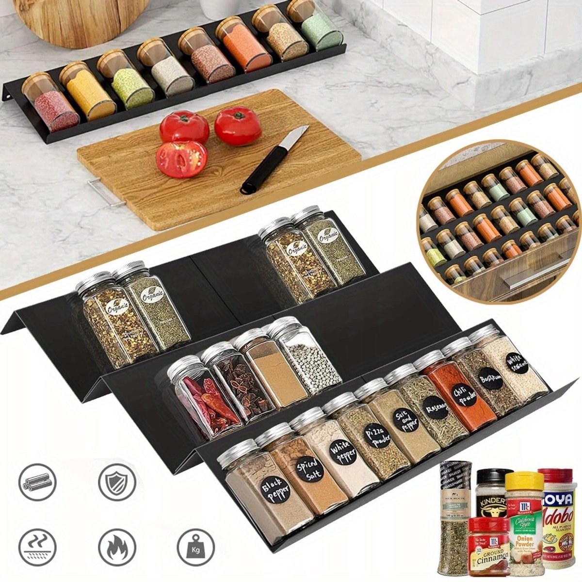 Kruidenrek Met Lade, Uitschuifbaar Van 23cm Tot 46cm - Keukenplank Van Koolstofstaal - Kruidenrek Met 3 Niveaus - Keukenorganizer Lade-Organizer Blikjesrek