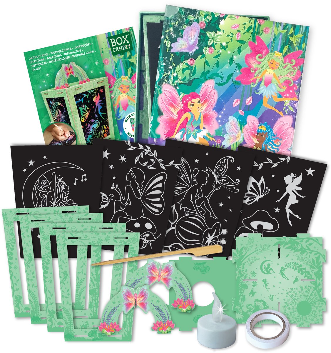 BOX CANDIY Feeën Lantaarn Kraskaart Set I Creatief Knutselpakket voor Kinderen met LED Licht I DIY Nachtlampje Maken met Regenboogkleuren I Cadeau voor Meisjes vanaf 6 Jaar