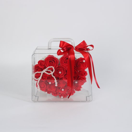 La Roselle Amsterdam Hart van Rode Kunstrozen in Transparante Handtas - cadeau box
