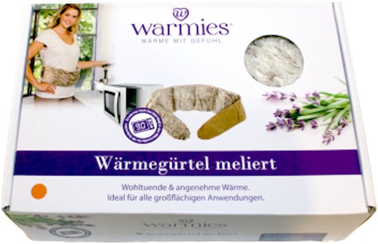 Verpakking van een warme riem met afbeeldingen van een vrouw, magnetron en lavendel.