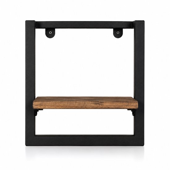 Wandrek met houten plank en zwart metalen frame, recht van voren gezien, geïsoleerd.
