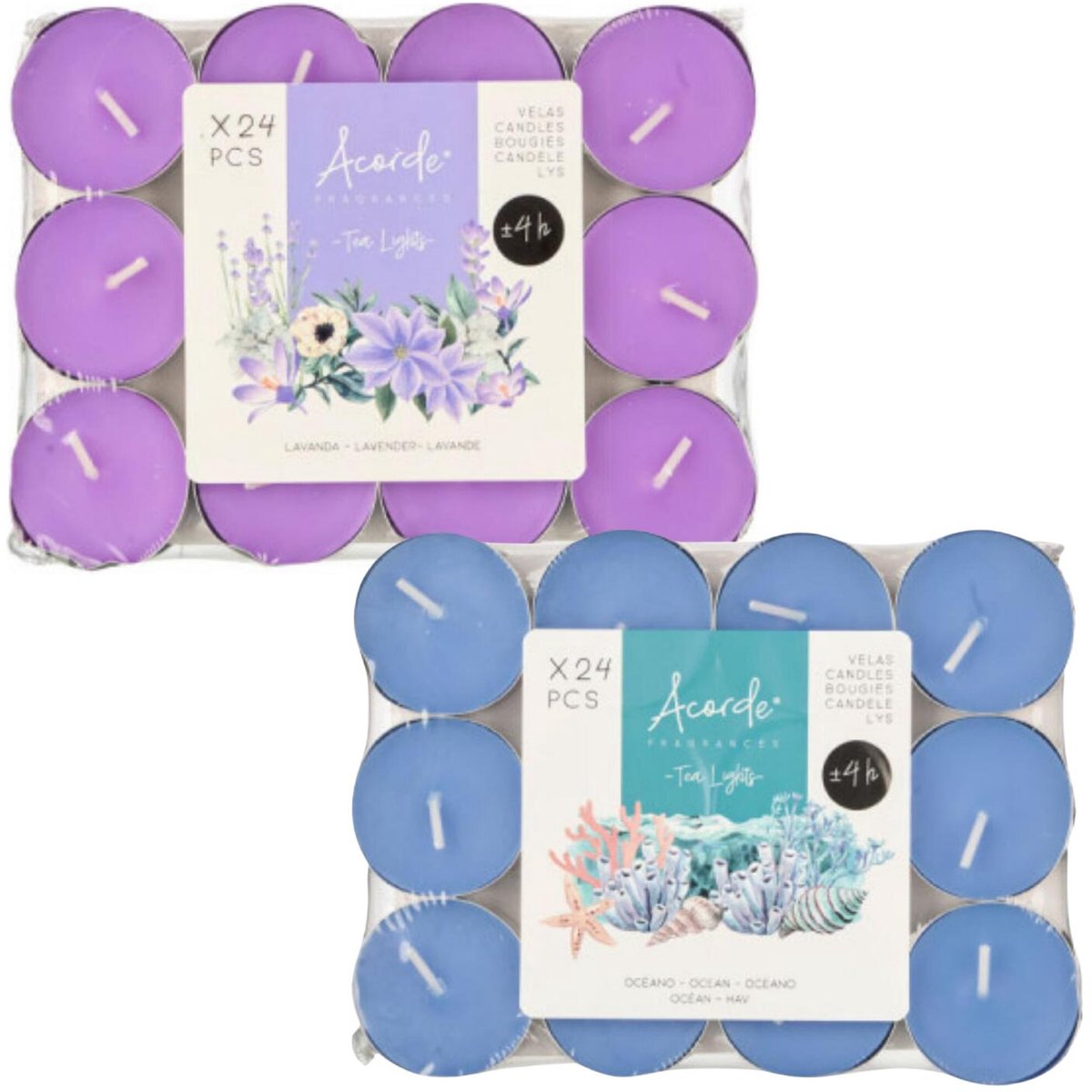 Atmosphera Acorde theelichtjes - 48x - 24x lavendel - 24x ocean - aroma/geurkaarsen Blauw