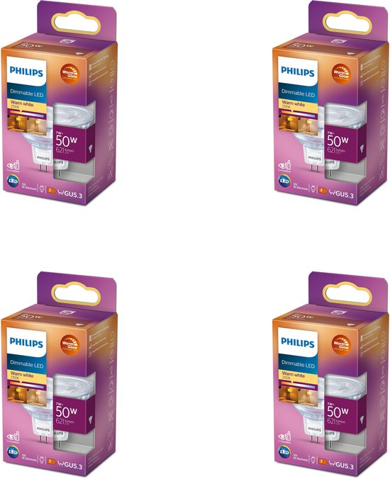 Verpakking van 4 Philips dimbare LED-spotlampen, 50W, warmwit licht, GU5.3 fitting.