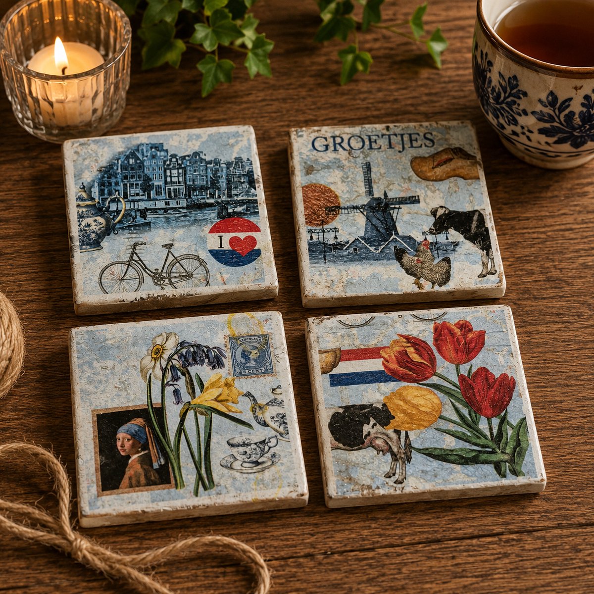 Onderzetters Old Dutch Greetings - Set 4 stuks - Onderzetters voor glazen - Hout - Keramiek - Onderzetters glazen - Onderzetters met Design - coasters - houten onderzetters - Cadeau voor vrouwen - Moederdag - Vaderdag - Verjaardagscadeau
