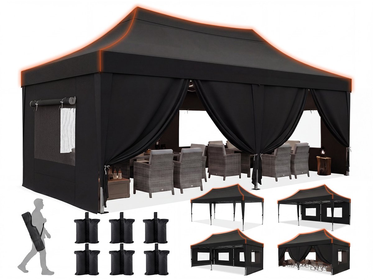Quictent Vouwbare Partytent 3x6m – Waterdicht Partytent met 8 Zijwanden, Verstelbare Hoogte – Zwart