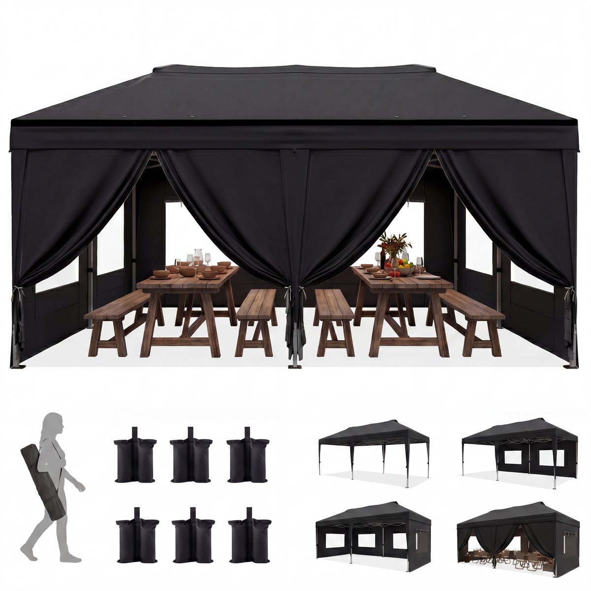 Quictent Vouwbare Partytent 3x6m – Partytent met centrale vergrendeling, 8 zijwanden – Zwart