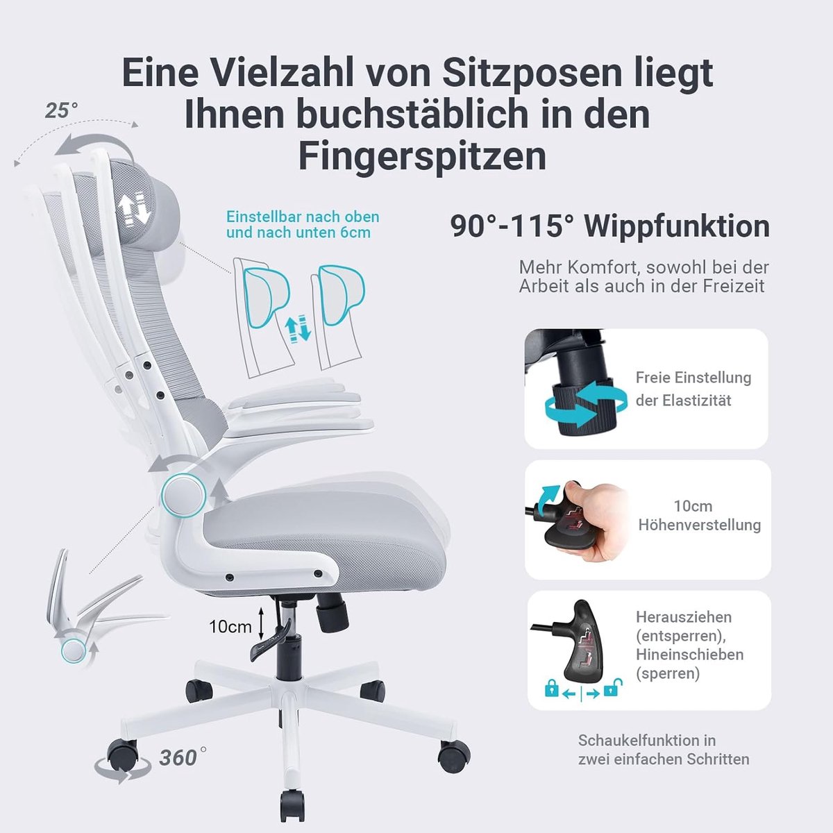 Ergonomische bureaustoel – House&Garden Premium Mesh Managerstoel met Verstelbare Hoofdsteun, Inklapbare Armleuningen, Traagschuim Zitting, Lendensteun, Kantelfunctie & EN1335 Keurmerk – Comfortabele Kantoorstoel tot 200 kg – Grijs