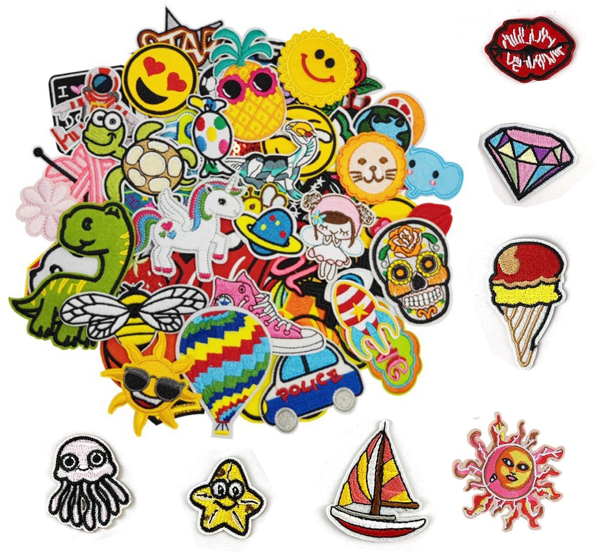 QTTVBTNA - 60 Stuks Geborduurde Lapjes Set - Strijk- en Naadapplicaties voor Kleding & Tassen - Strijk Embleem - Kleding Patchs - Levendige Kleuren voor DIY, Jeans & Jassen - Creatieve Personalisatie voor Hoeden & Rugzakken