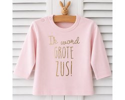 Shirt Ik word grote zus | lange mouw T-Shirt | roze met goud| maat 74 |big sis sister zwangerschap aankondiging bekendmaking big sis sister