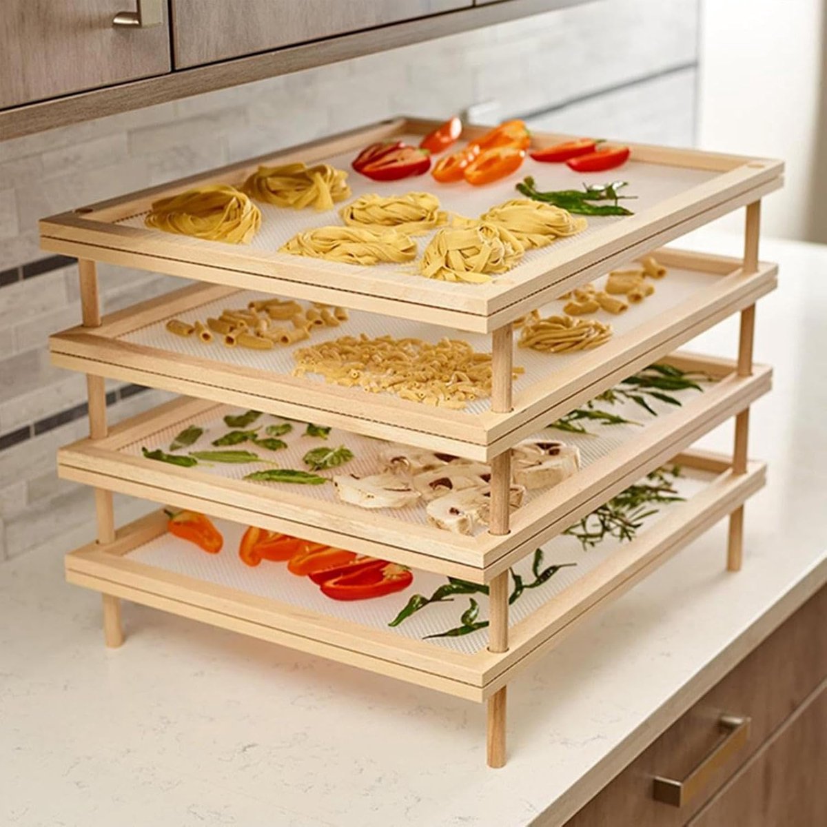 Houten Pastarek - Droogrek Voedseldroger - Pasta Drogen - Stapelbaar Ontwerp - 44 x 31.5 cm - Houtkleur
