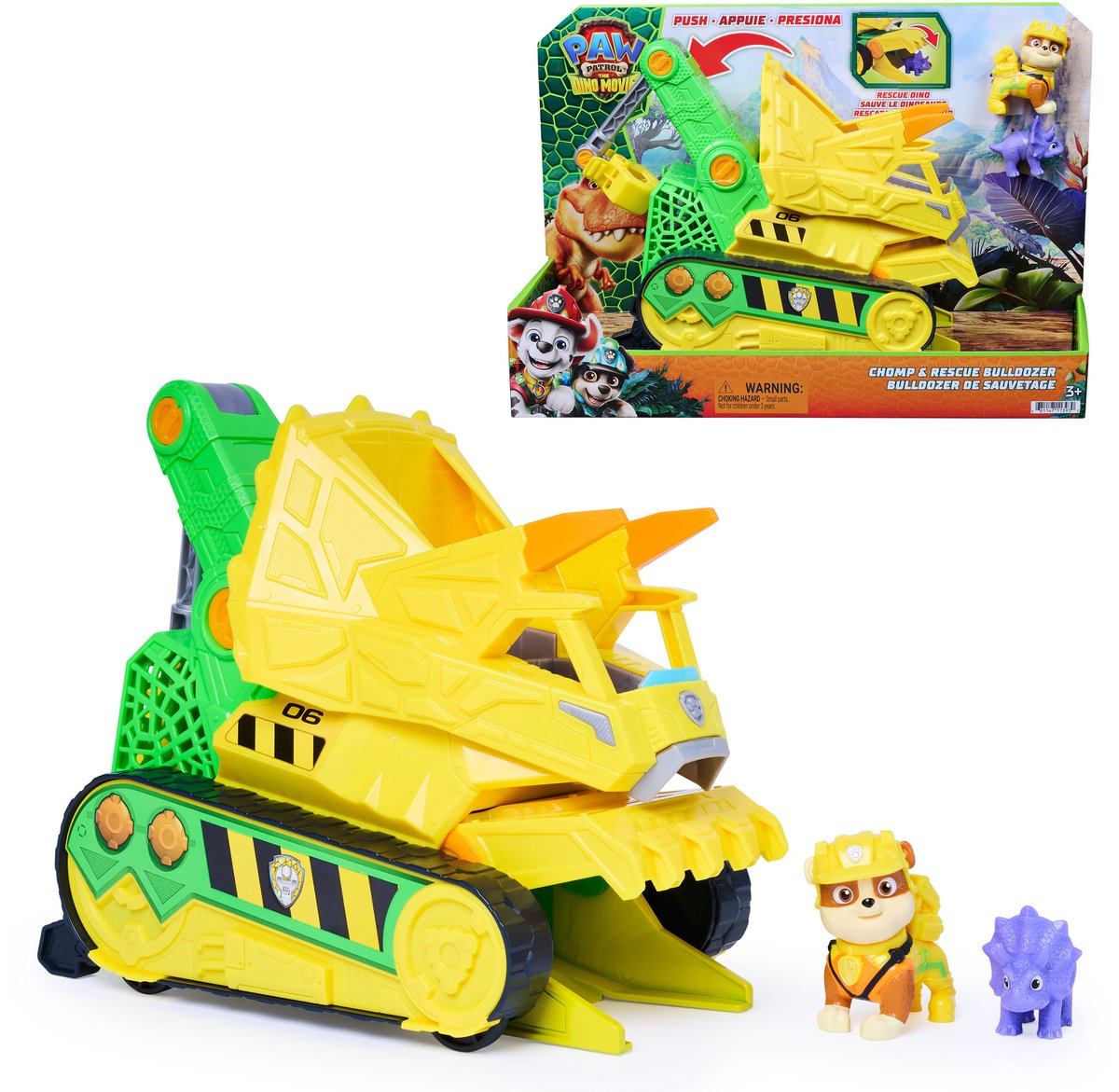 PAW Patrol - De Dino Film - Chomp & Rescue Bulldozer met Rubble-figuur en dinosaurusfiguur, voertuig met happende actie en reddingsklauw