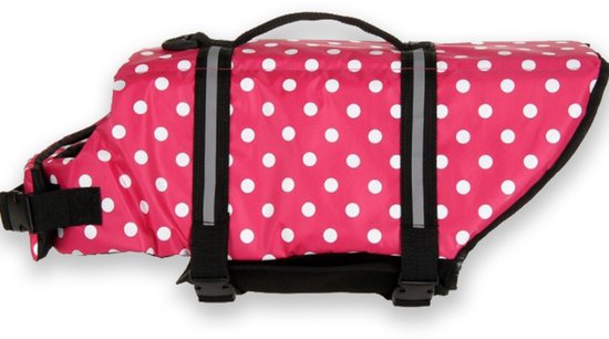 Roze reddingsvest met witte stippen en reflecterende strepen. Zwarte gespen en handvatten.