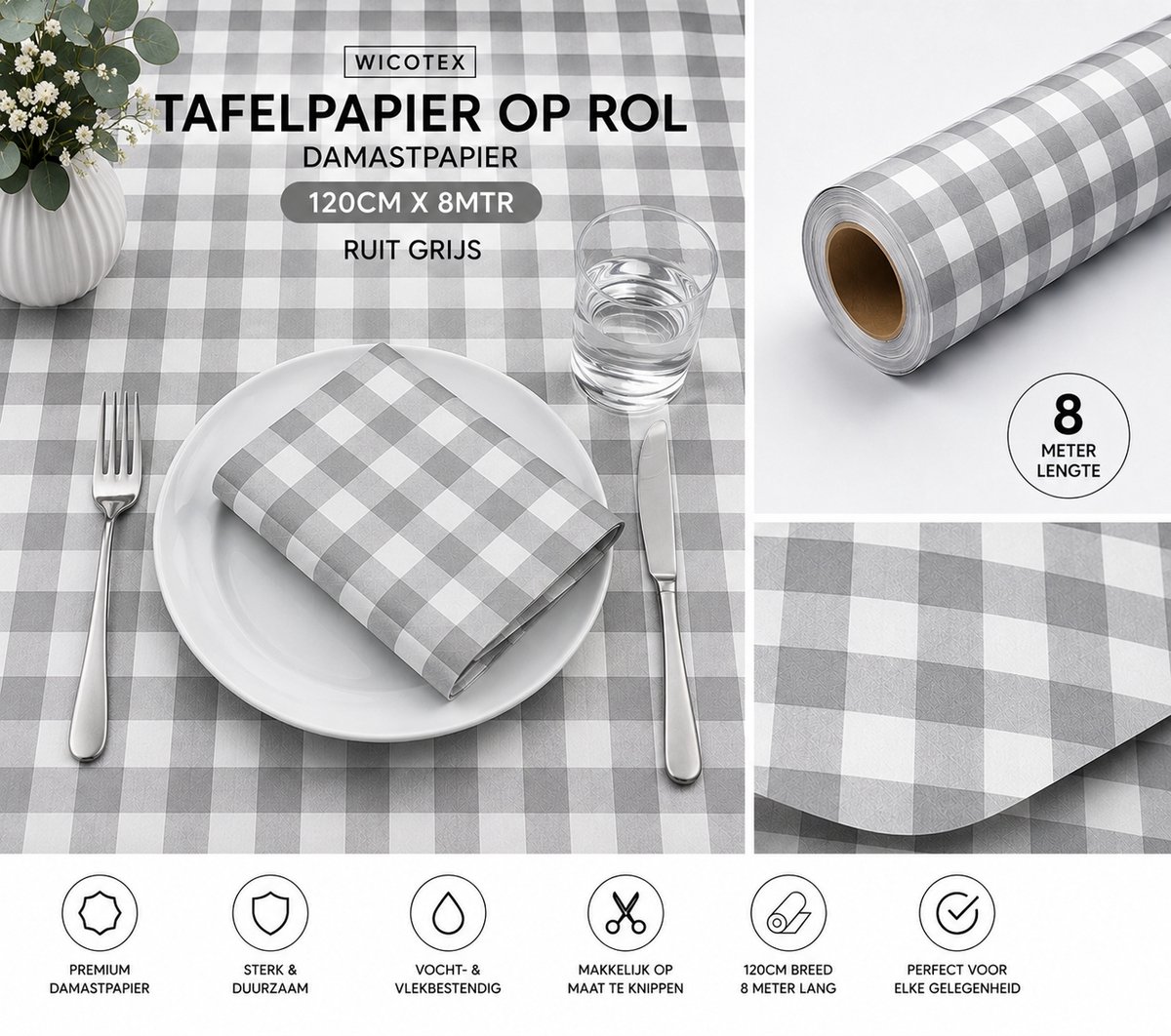 Wicotex-Tafelpapier op rol Damastpapier 120cm x 8mtr. Ruit grijs