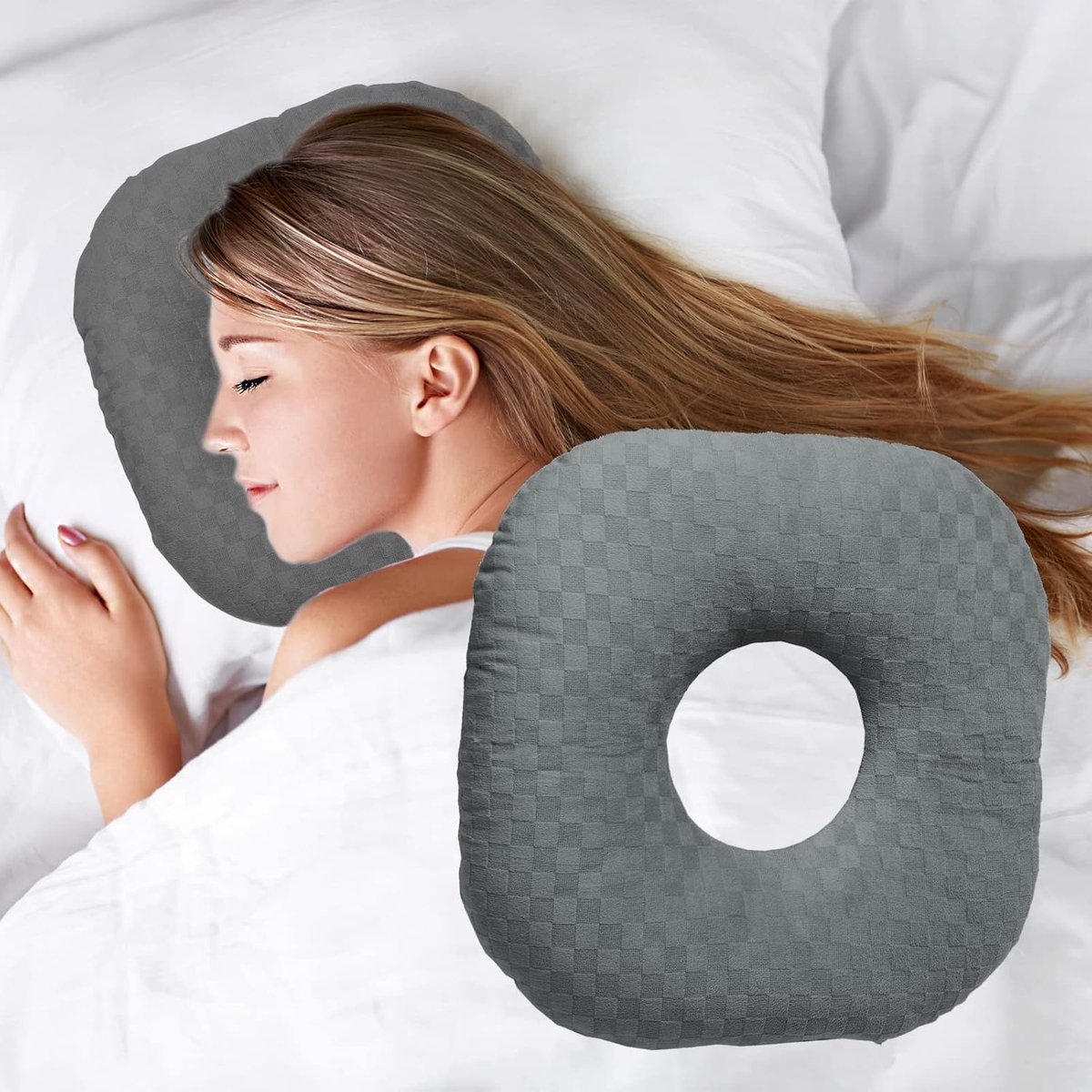 Zijslaperkussen met openingen voor de oren, geschikt voor oorklachten, oorontstekingen en doorligwonden. O-vormig zijslaperkussen, oorbeschermend kussen (donkergrijs).