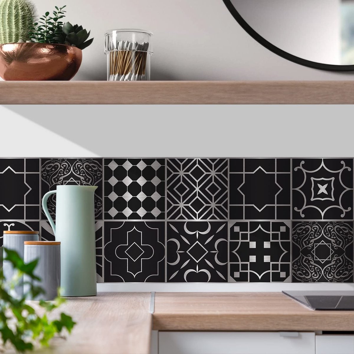 Dailygoods- Tegelstickers Zelfklevend - 20 Stuks - 20 x 20 cm - Voor Keuken/Badkamer - Eenvoudig Verwijderbaar - Metallic Zwart/Zilver - Wanddecoratie